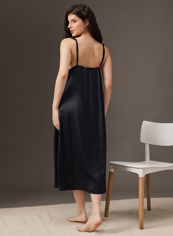 Clovia Women Black Satin Nightdress with Robe Set - Image 5